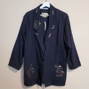 Vtg NWT Dark Denim Gold Black Sequin Bead Blazer Jacket Alphabet Letters Medium